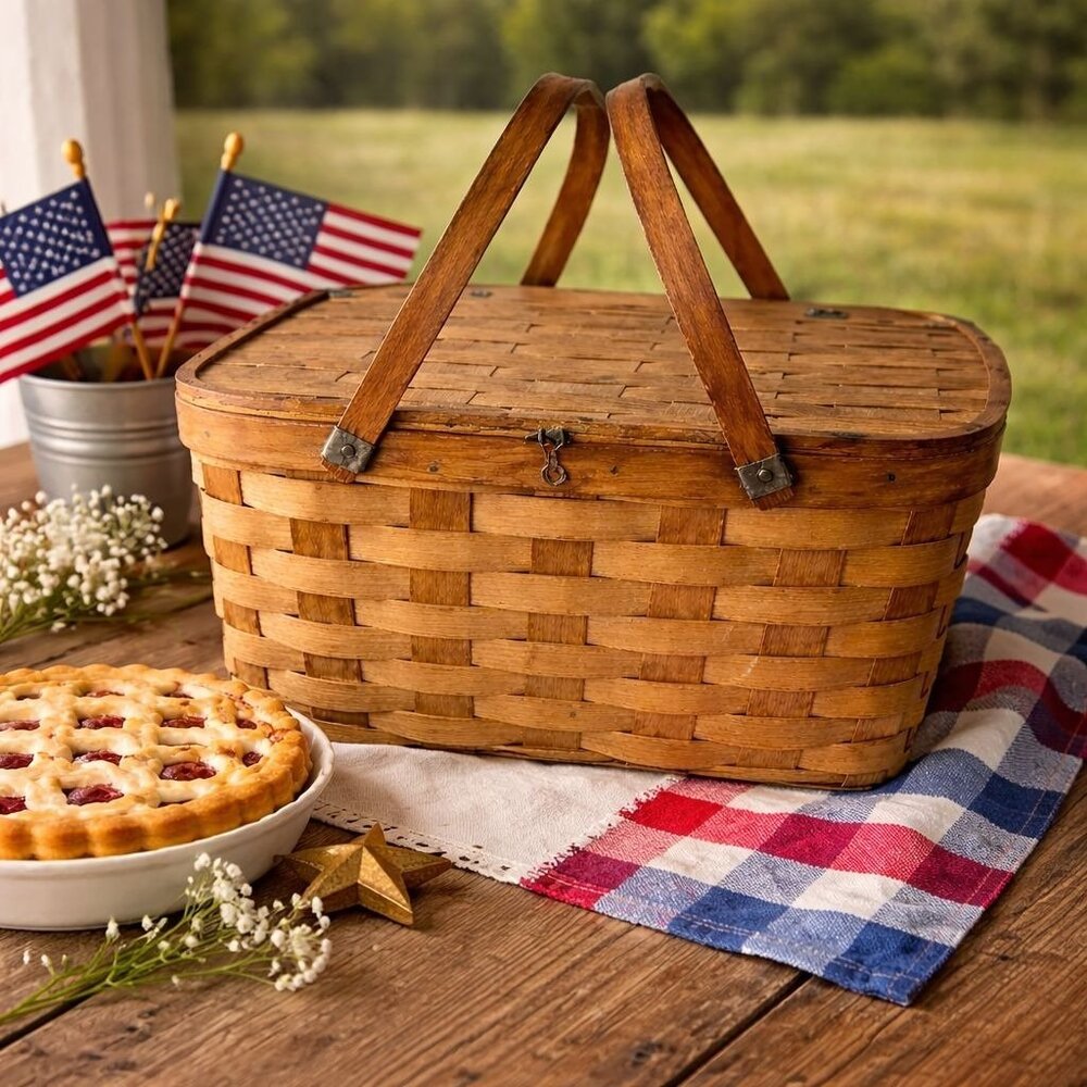 Vintage Woven Pie Carrier Basket West Rindge USA Rustic Country Cottage Baking